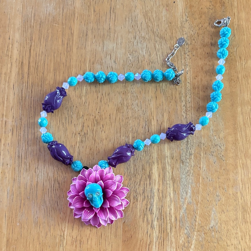 Tarina Tarantino Purple and Blue Floral Skull Necklace - Picture 2 of 7